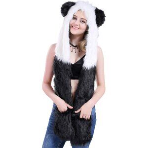Cozy Panda Faux Fur Hood Hat with Scarf & Gloves - Fun Holiday Costume Accessory